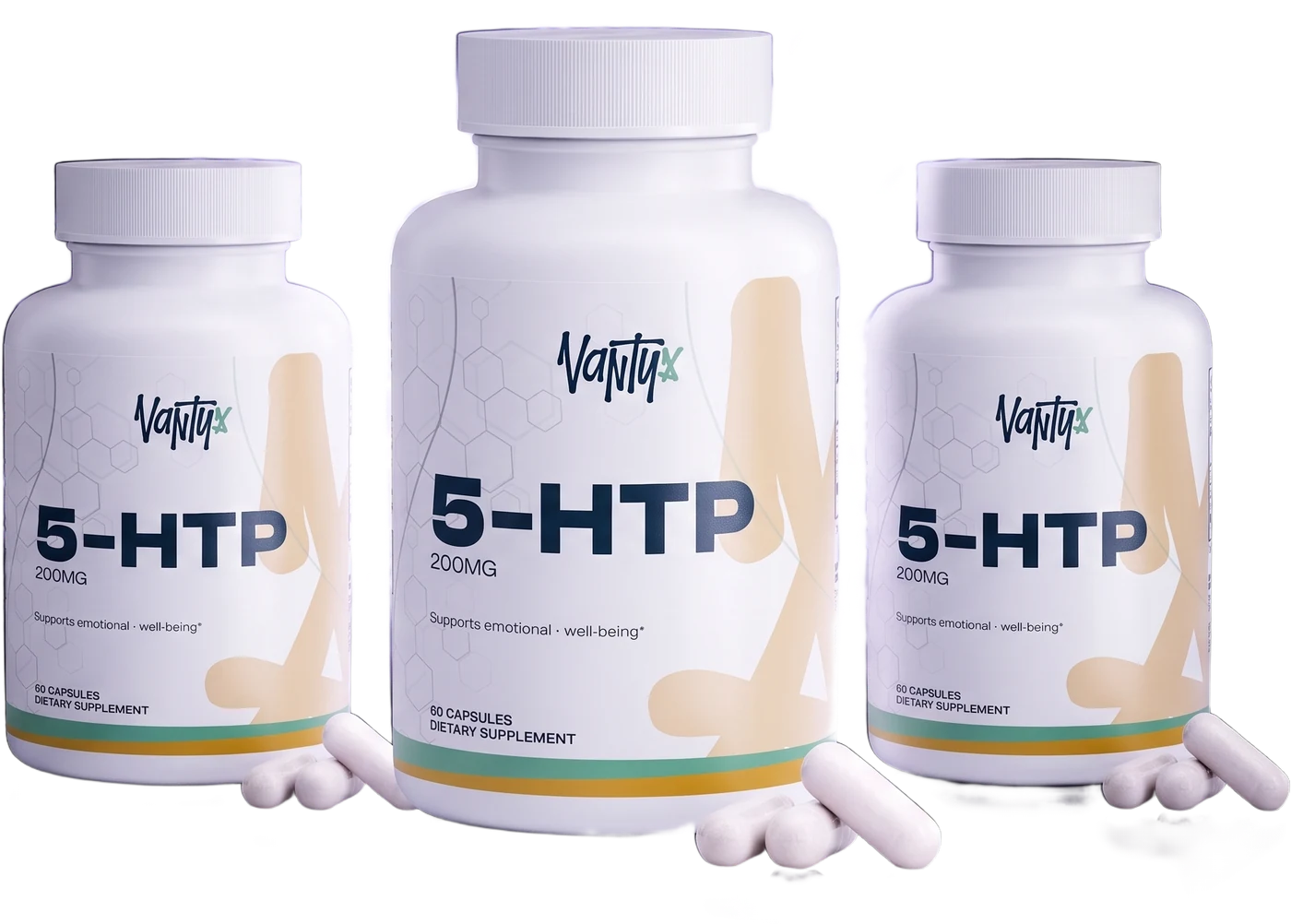 Three Vantyx 5-HTP 200mg bottles