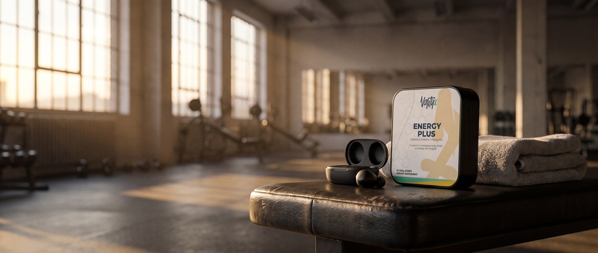 Vantyx Energy Plus strips on a gym bench before a session